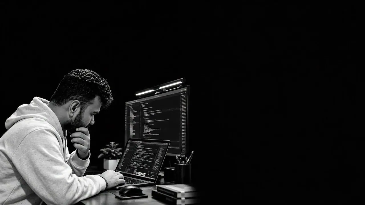 Sudip KC writing code at a desk with a laptop and a monitor