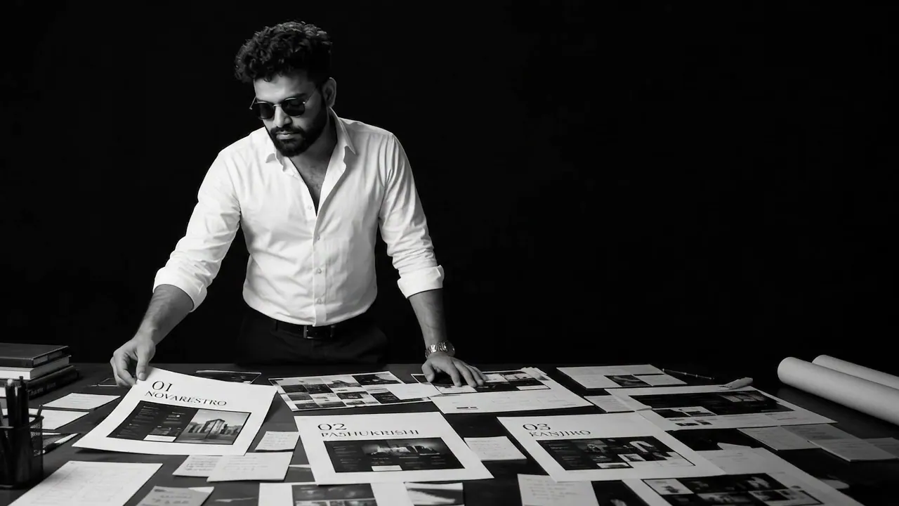 Sudip KC reviewing printed project layouts spread across a table